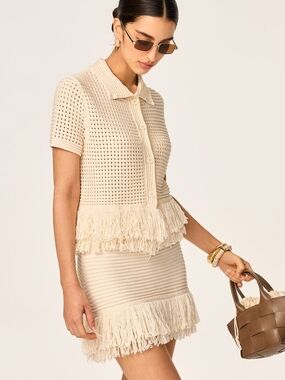 Commense Cream Crochet Fringe Skirt Set
